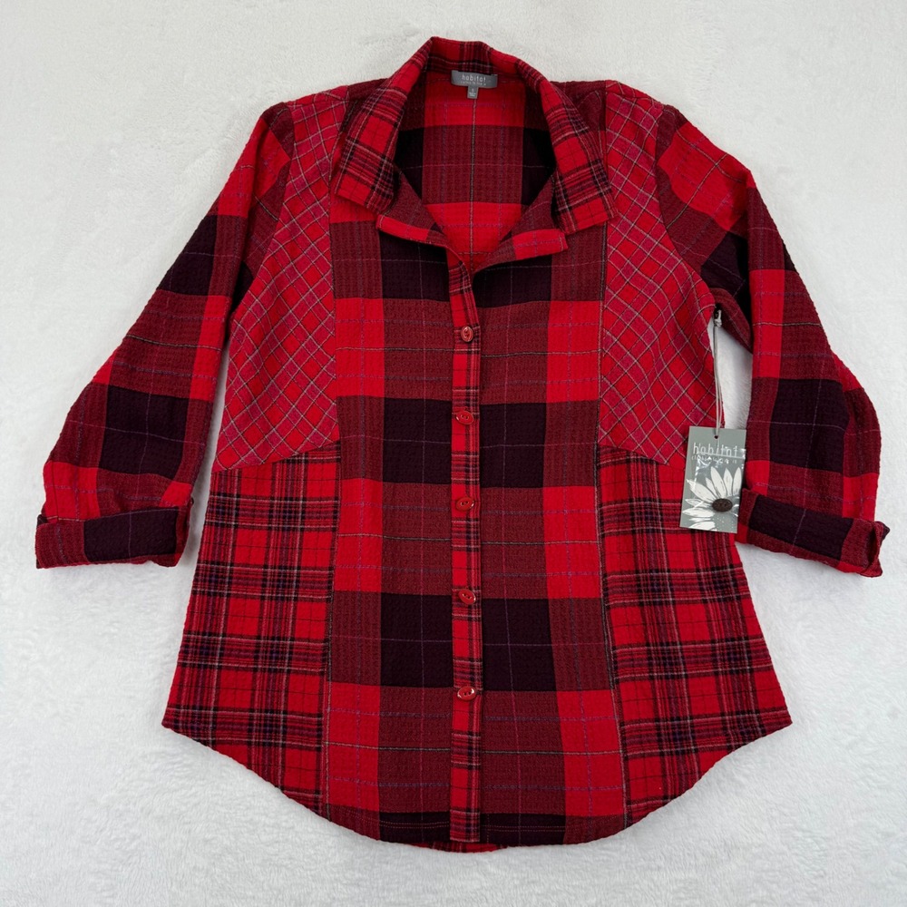 Habitat Button Down Tunic Top Womens Small Apple Plaid Red 3/4 Sleeve Shirt